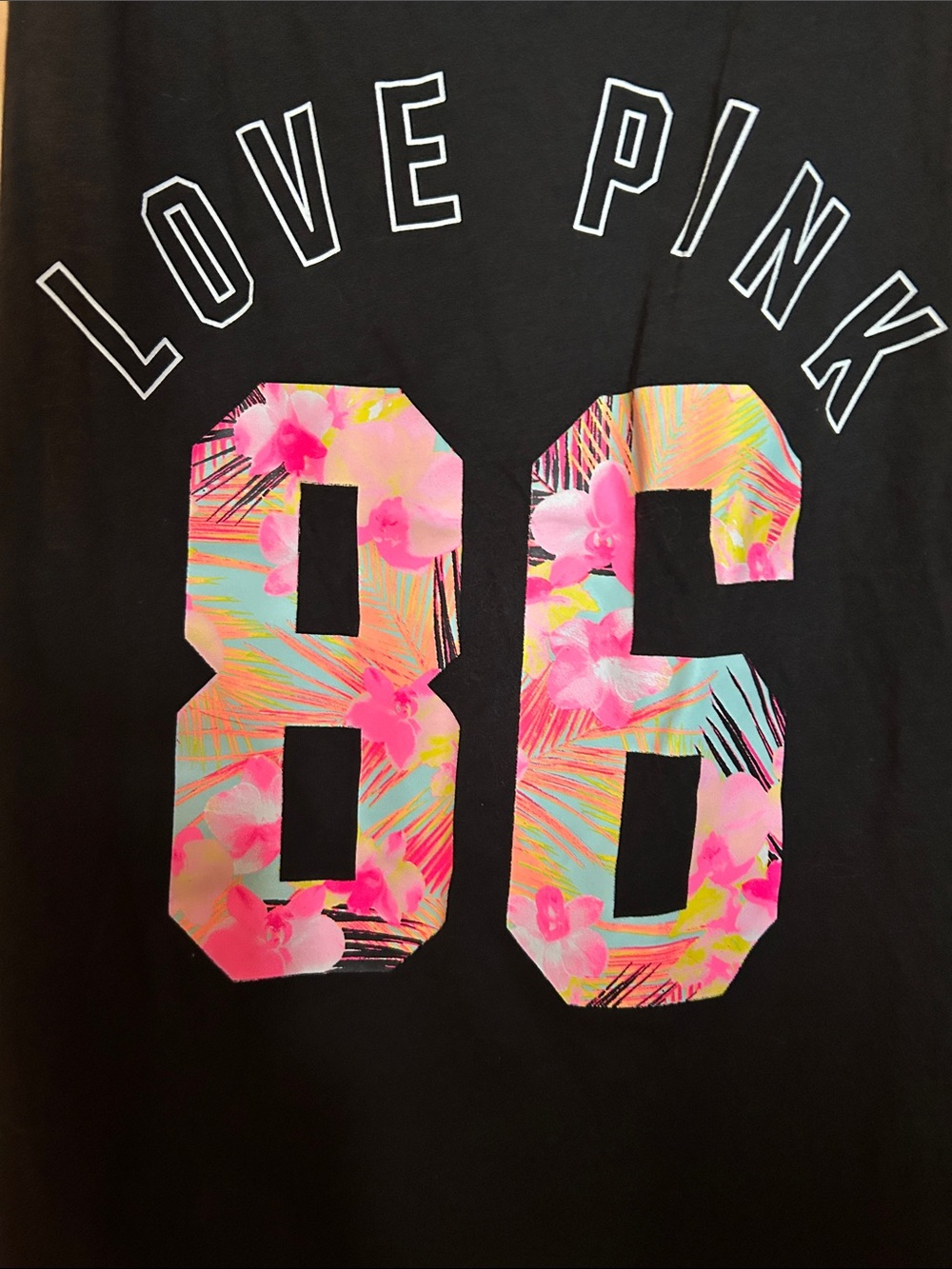 PINK Victoria's Secret Black Tank with Neon Floral '86' Graphic - Picture 3 of 5